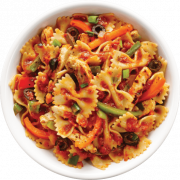 Plato de pasta farfalle con salsa de tomate, pimientos y verduras, servido en un tazón blanco.
