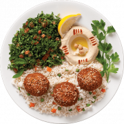 Plato de comida mediterránea que incluye arroz, ensalada de perejil, hummus, tres falafel dorados y una rodaja de limón. Ideal para una comida saludable y sabrosa.