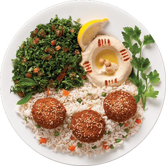 Plato de comida mediterránea que incluye arroz, ensalada de perejil, hummus, tres falafel dorados y una rodaja de limón. Ideal para una comida saludable y sabrosa.