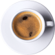Taza de café espresso servido en un plato blanco, con crema en la superficie y burbujas visibles.